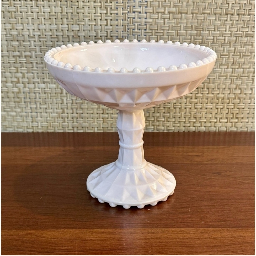 VTG 1950s Jeanette Windsor Pattern Pink Milk Glass Pedestal Compote Dish